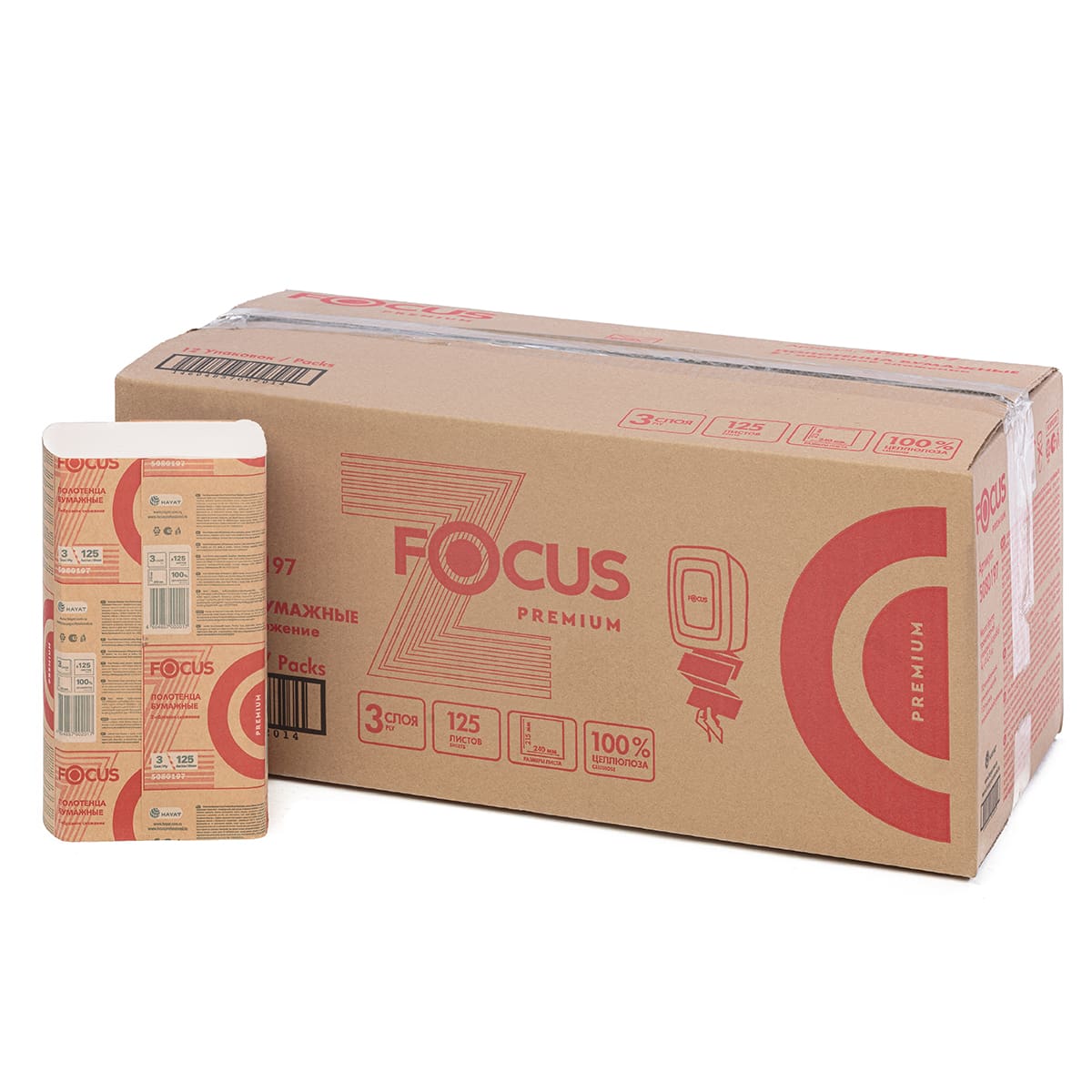 Полотенца бумажные листовые Focus Premium 5080197/5083777 Z-слож. 3-х сл. 24х21.5 см 125 л 12 шт.