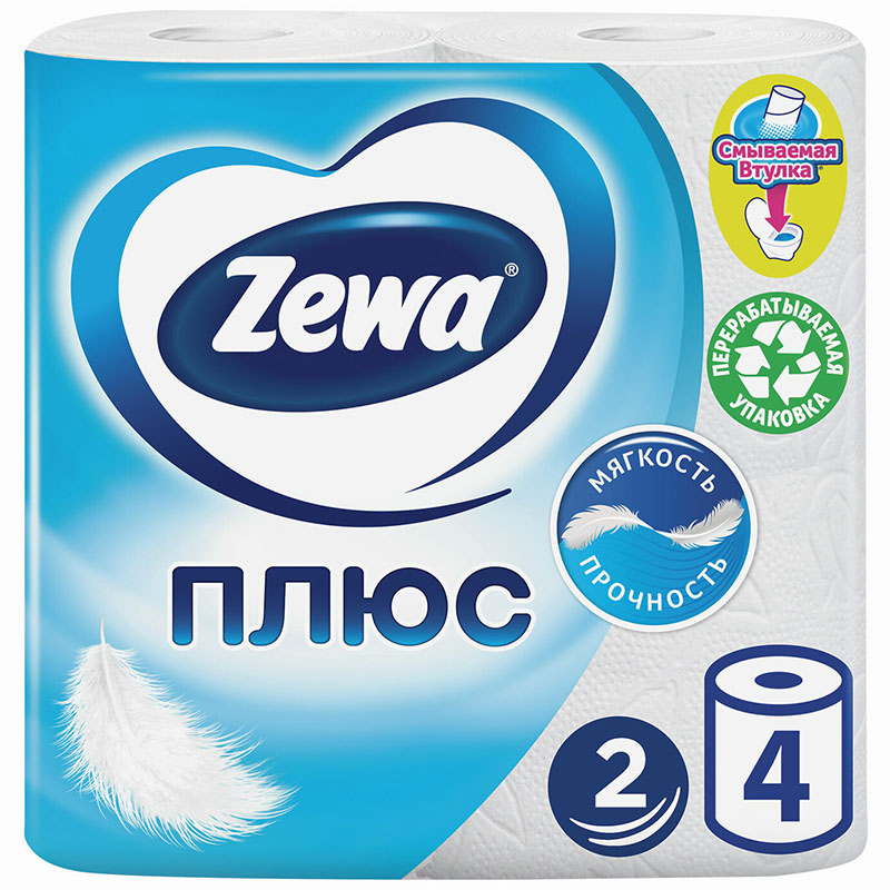 Туалетная бумага Zewa Плюс 2-х слойная белая 4 шт.