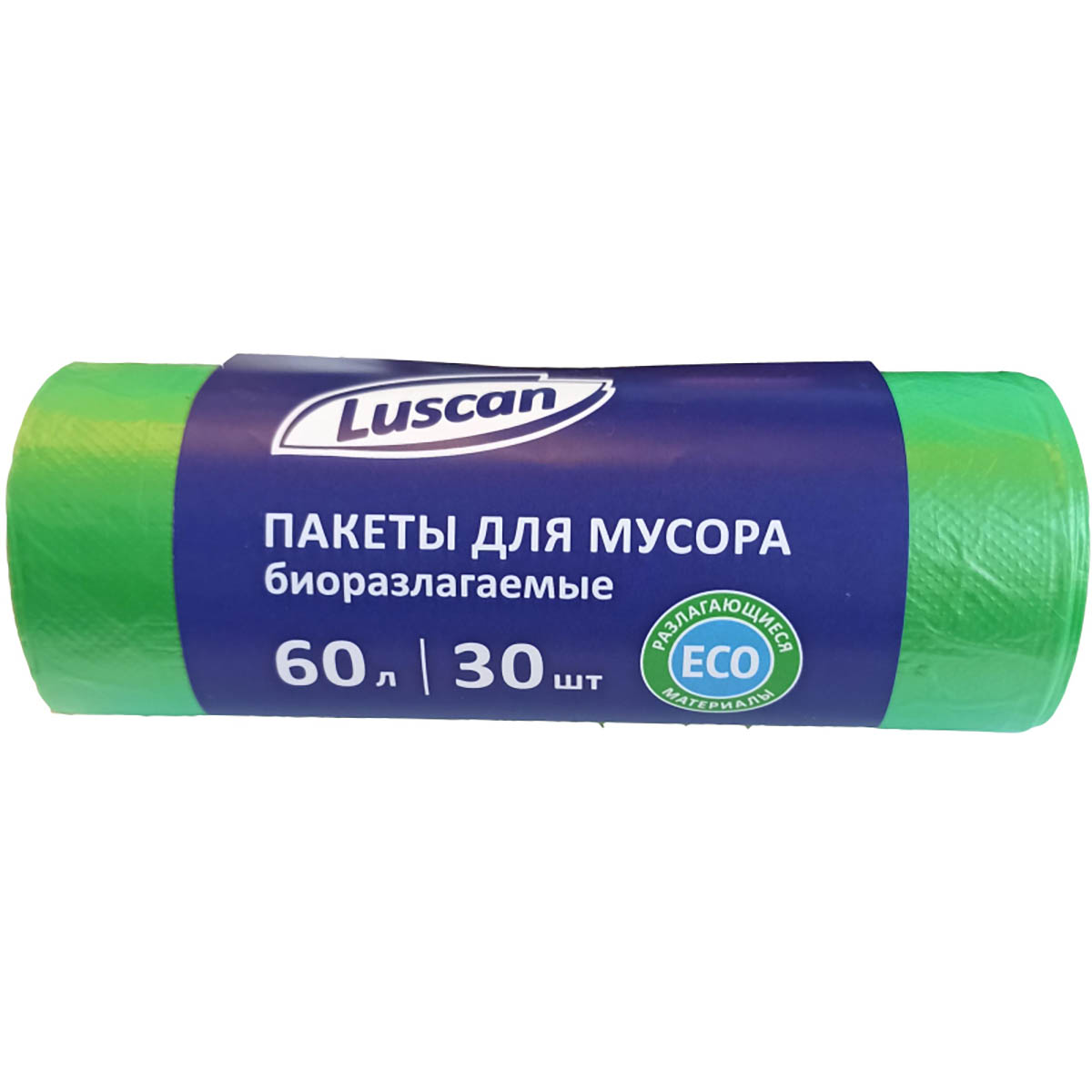 Мешки для мусора ПНД 60 л 12 мкм 58х68 см Luscan зелёные биоразлагаемые 30 шт/рул