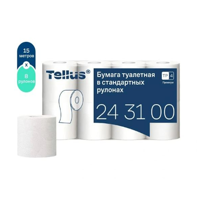 Туалетная бумага Tellus Premium 3-х слойная 15 м белая 8 шт/упак