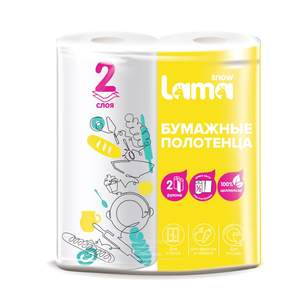 Полотенца бумажные в рулоне Snow Lama 2-х слойные 12м целлюлоза, белые, 2шт/упак